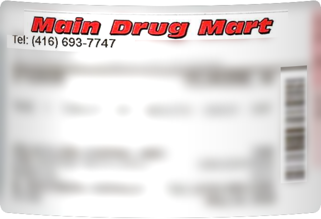 Sample Main Drug Mart prescription label showing the Rx number at the top left and the barcode on the right